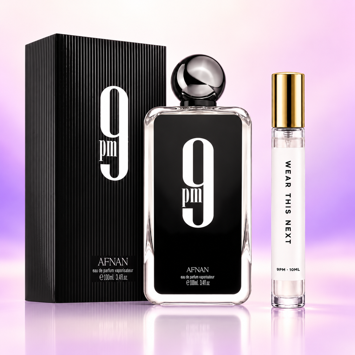 Afnan 9PM bottle and Wear This Next 10ml decant