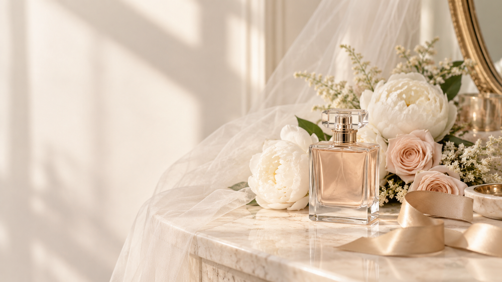 Elegant bridal perfume vanity with white peonies, blush roses and a soft ivory veil