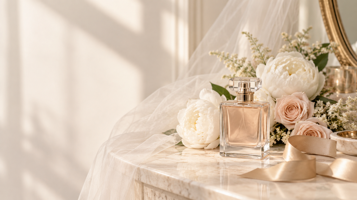 Elegant bridal perfume vanity with white peonies, blush roses and a soft ivory veil