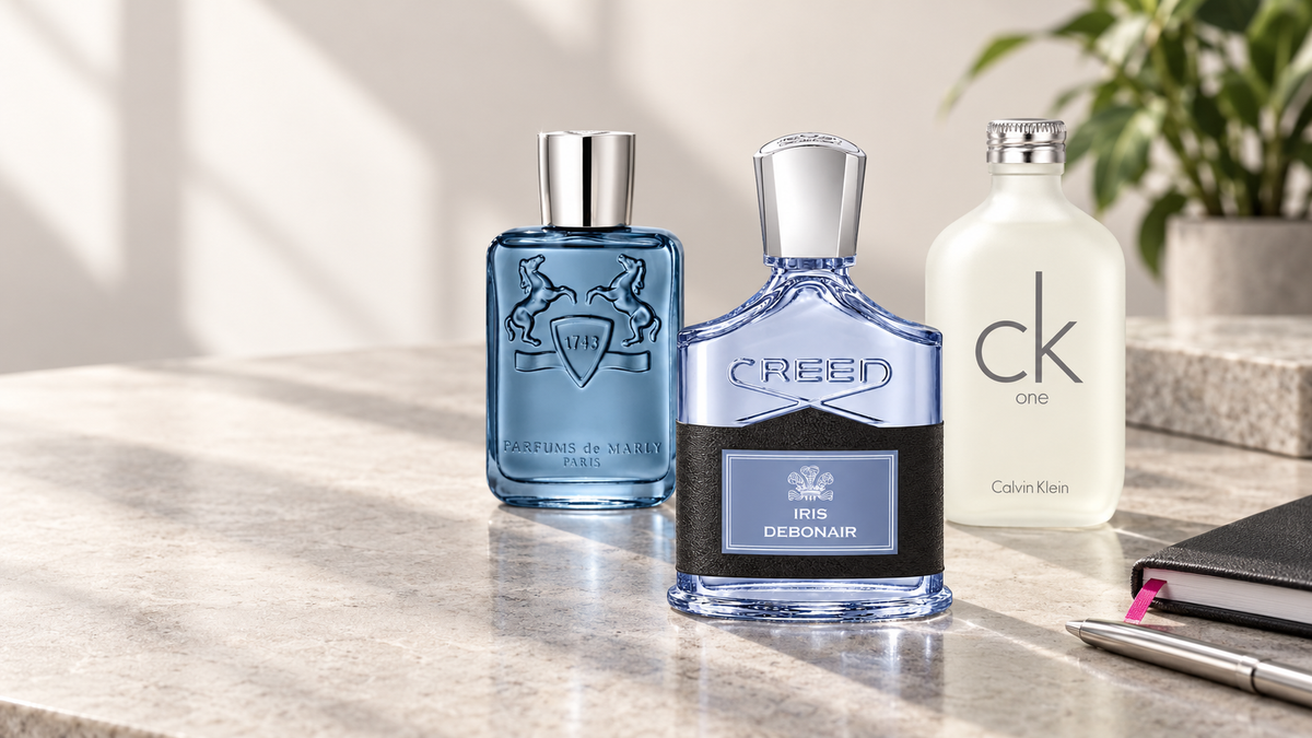 Creed Iris Debonair, Parfums de Marly Sedley and Calvin Klein CK One arranged in a modern office setting
