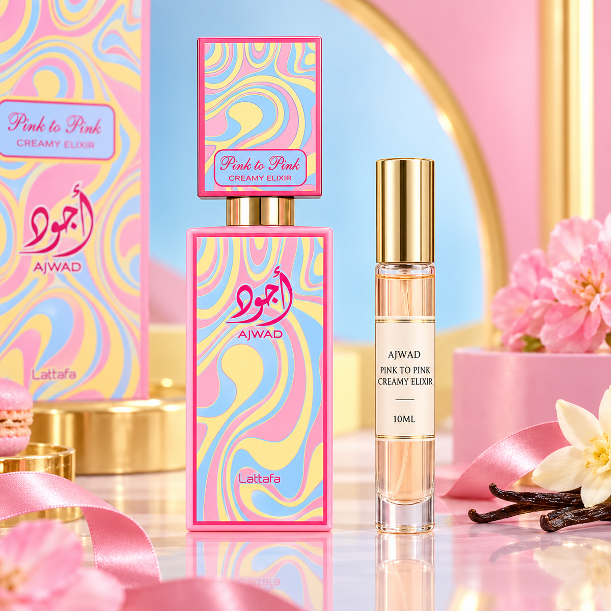 Lattafa Ajwad Pink to Pink Creamy Elixir bottle and Wear This Next 10ml gold-lid decant