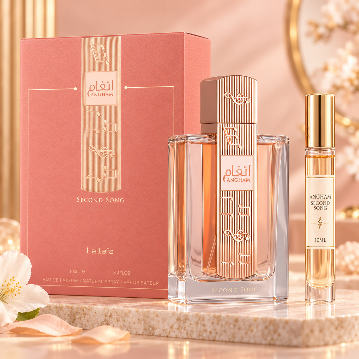 Lattafa Angham Second Song bottle and Wear This Next 10ml gold-lid decant