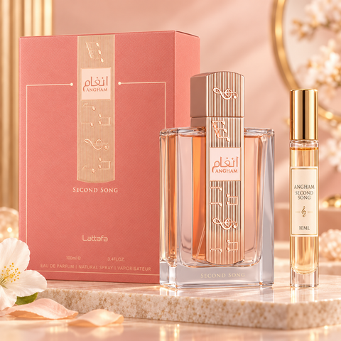 Lattafa Angham Second Song bottle and Wear This Next 10ml gold-lid decant