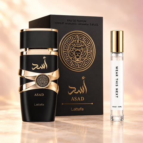 Lattafa Asad bottle and box with Wear This Next 10ml gold-cap decant
