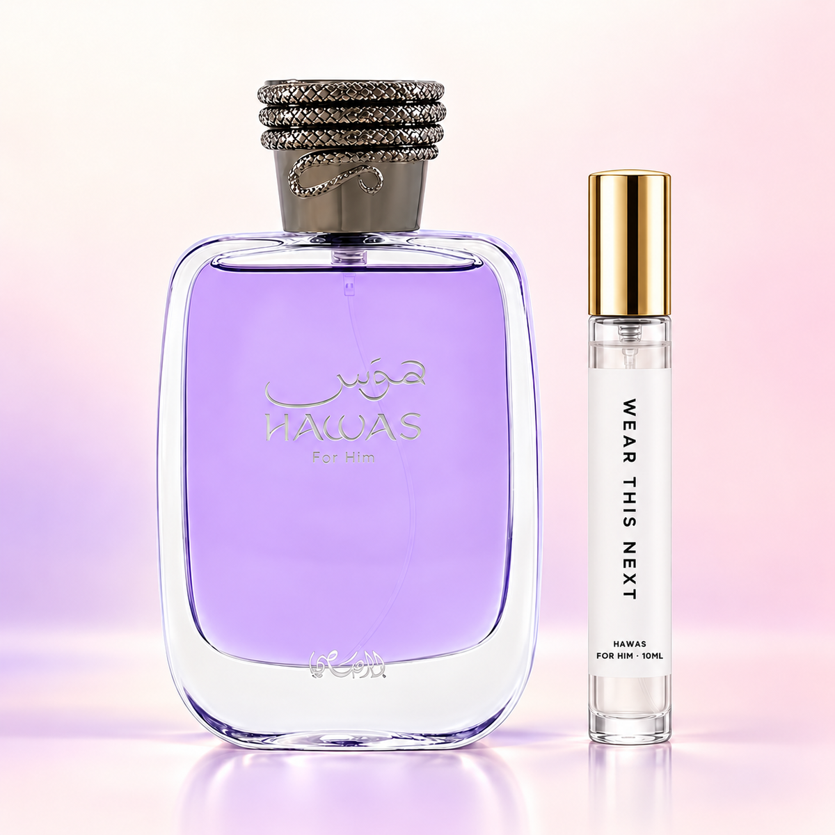 Rasasi Hawas For Him bottle with Wear This Next 10ml gold-cap decant