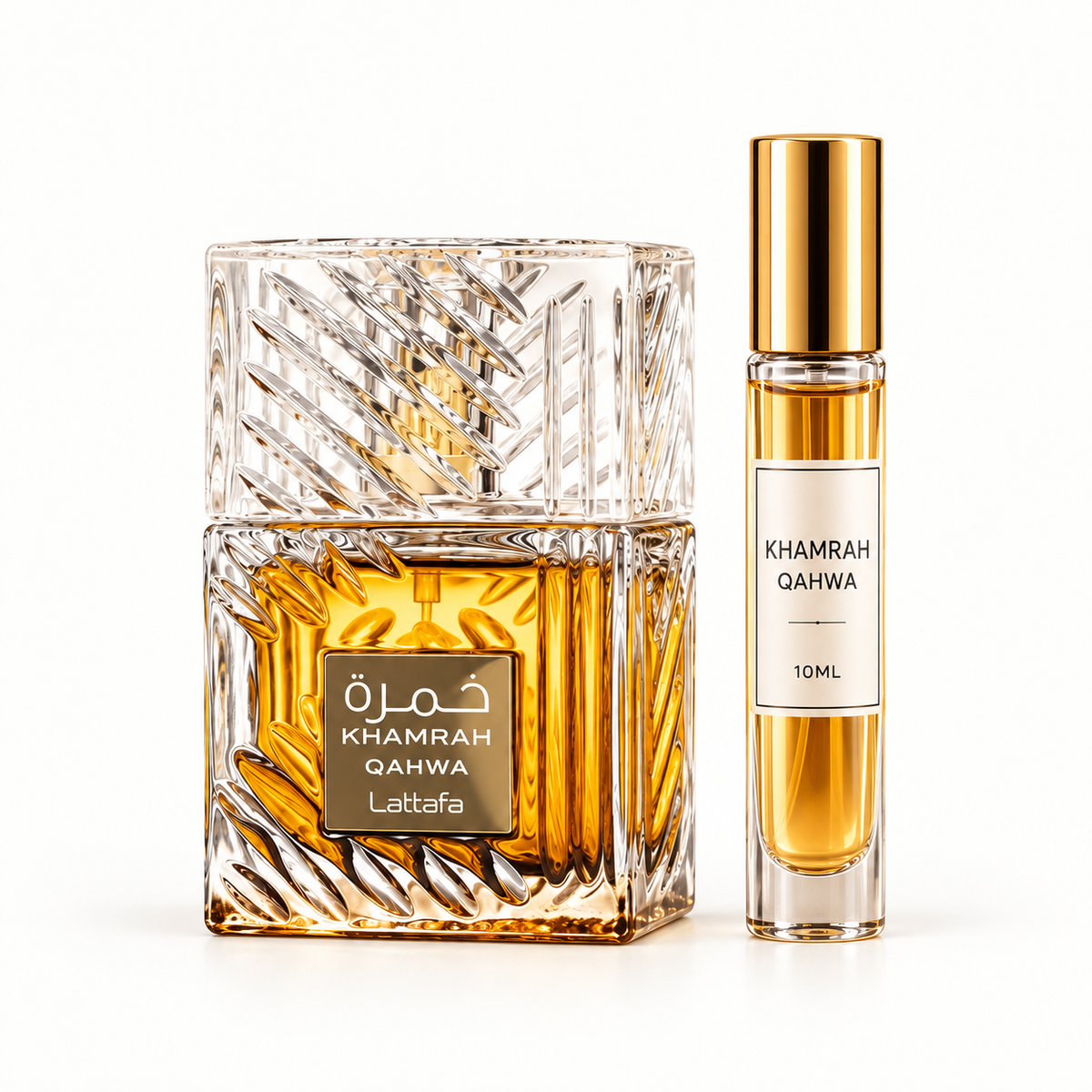 Lattafa Khamrah Qahwa bottle with Wear This Next 10ml travel size on a bright white background