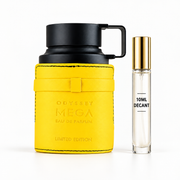 Armaf Odyssey Homme Mega Men bottle with Wear This Next 10ml travel size on a bright white background