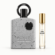 Afnan Supremacy Collector's Edition bottle with Wear This Next 10ml travel size on a bright white background