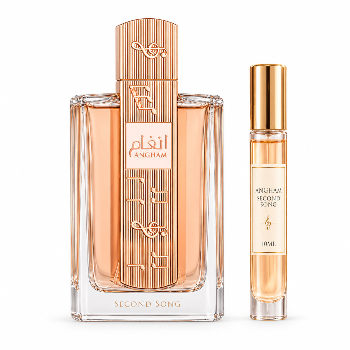 Lattafa Angham Second Song bottle with Wear This Next 10ml travel size on a clean white studio background