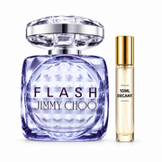 Jimmy Choo Flash bottle with Wear This Next 10ml travel size on a clean white studio background