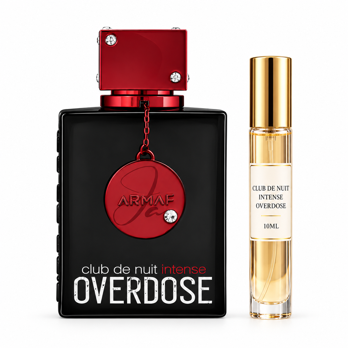 Armaf Club de Nuit Intense Overdose bottle with Wear This Next 10ml travel size on a clean white studio background