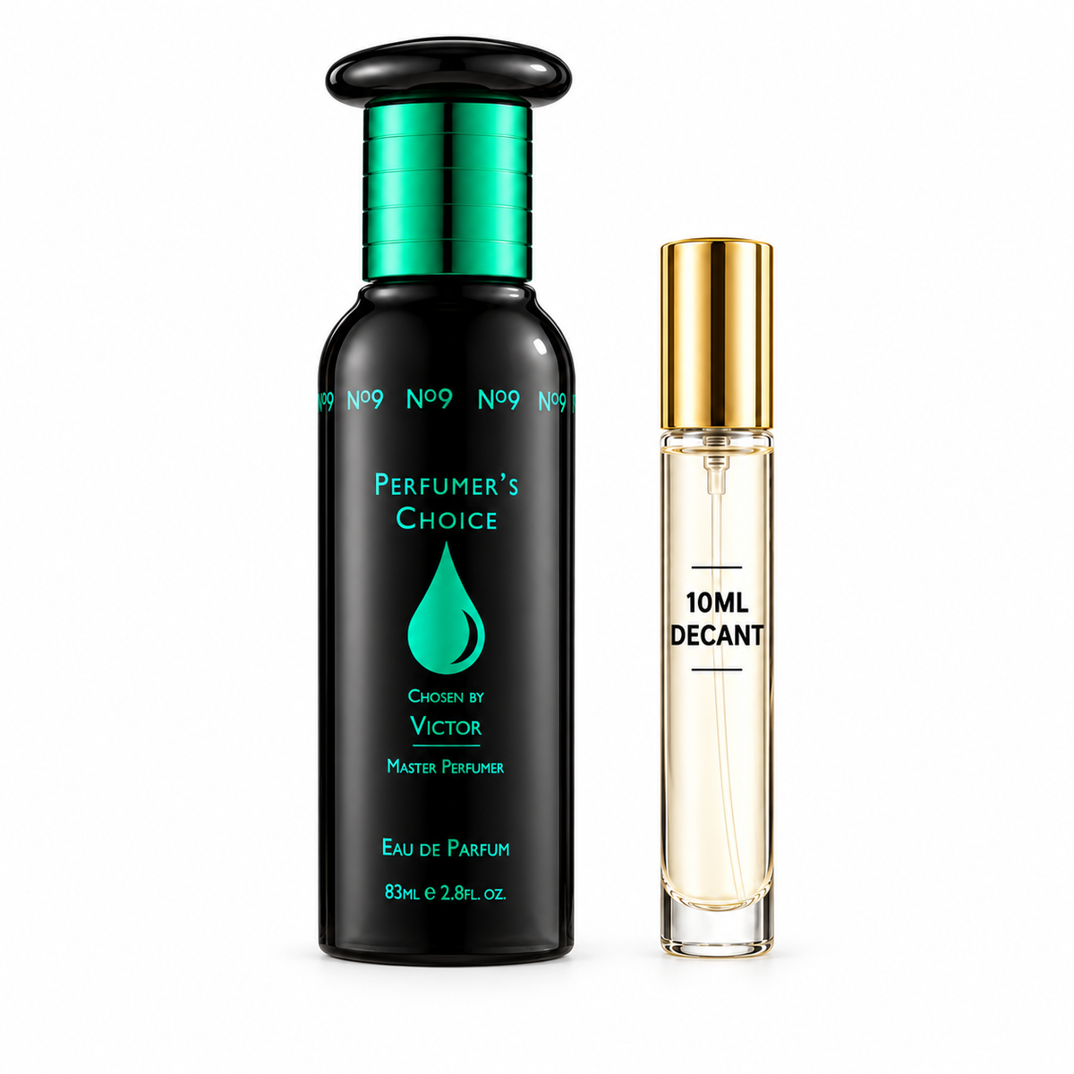 Perfumer's Choice No. 9 Victor bottle with Wear This Next 10ml travel size on a clean white studio background