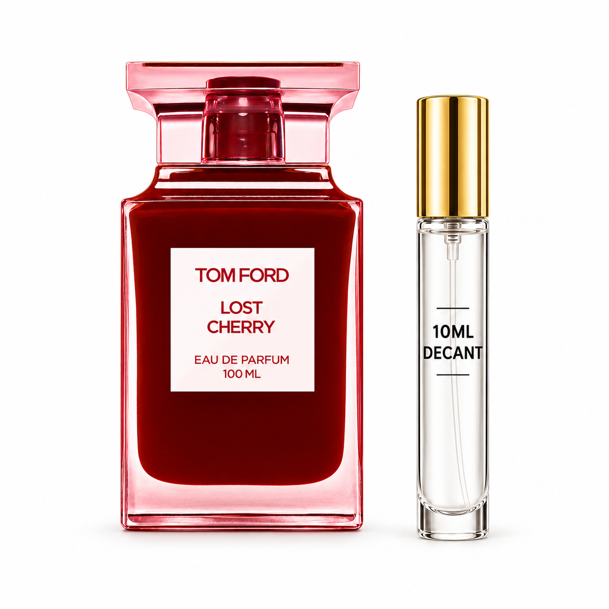 Tom Ford Lost Cherry bottle with Wear This Next 10ml travel size on a clean white studio background