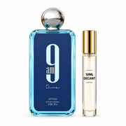 Afnan 9AM Dive bottle with Wear This Next 10ml travel size on a clean white studio background