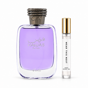 Rasasi Hawas for Him bottle with Wear This Next 10ml travel size on a clean white studio background
