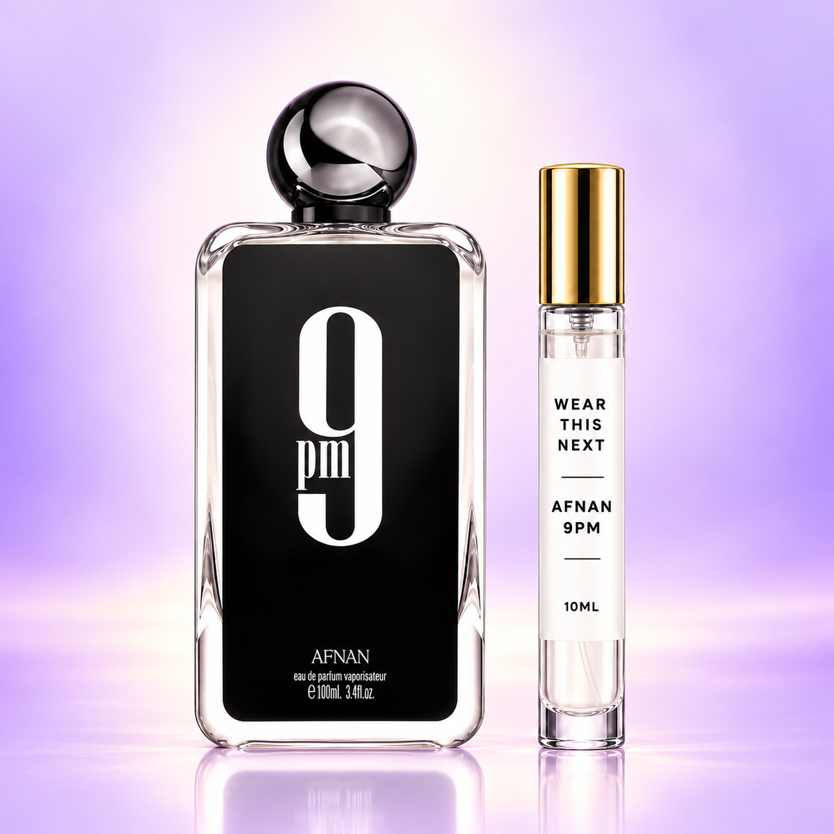 Afnan 9PM bottle with Wear This Next gold-lid 10ml travel size on a lilac background