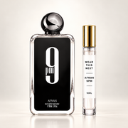 Afnan 9PM bottle with Wear This Next 10ml travel size on a warm ivory background