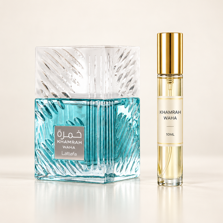 Lattafa Khamrah Waha bottle with Wear This Next 10ml decant on a warm ivory background