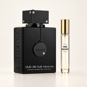 Armaf Club de Nuit Intense Man bottle with Wear This Next 10ml travel size on a warm ivory background