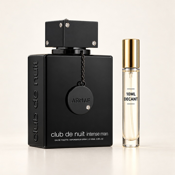 Armaf Club de Nuit Intense Man bottle with Wear This Next 10ml decant on a warm ivory background
