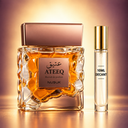 Nusuk Ateeq bottle beside a Wear This Next 10ml decant