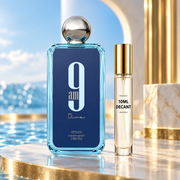 Afnan 9AM Dive bottle beside a Wear This Next 10ml gold-lid decant