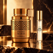 Armaf Odyssey Aoud 100ml bottle beside a Wear This Next 10ml decant