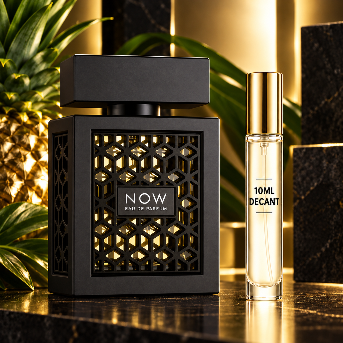 Lattafa Rave Now bottle beside a Wear This Next 10ml gold-lid decant