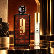 Afnan 9PM Elixir bottle beside a Wear This Next 10ml gold-lid decant