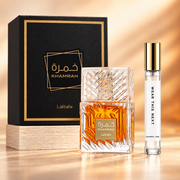 Lattafa Khamrah bottle and Wear This Next 10ml gold-lid decant