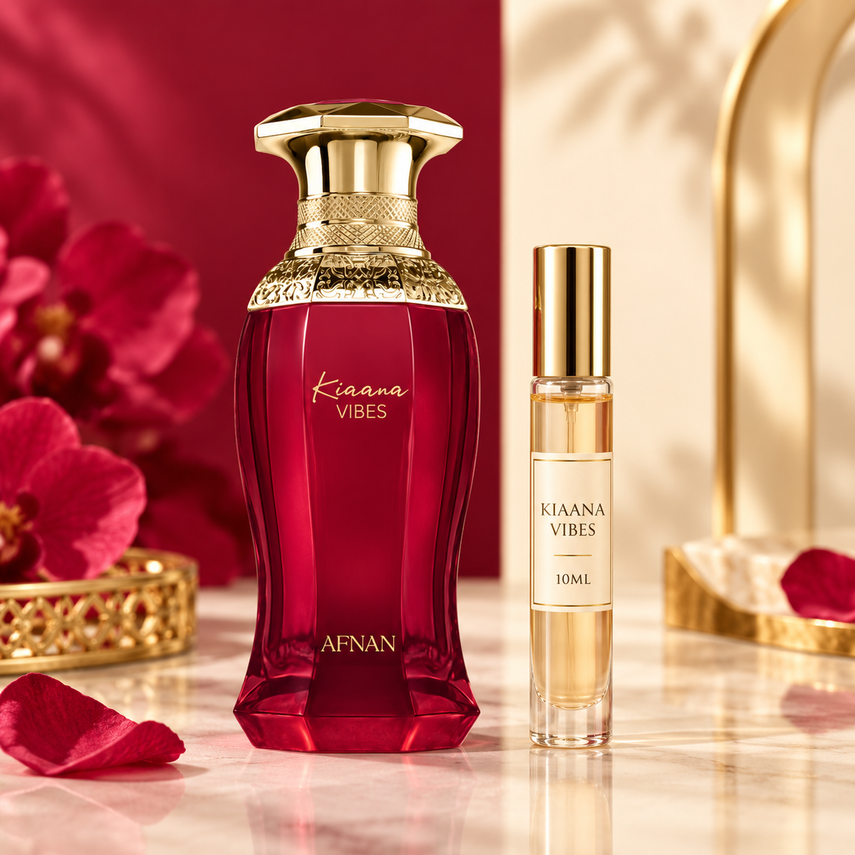 Afnan Kiaana Vibes bottle and Wear This Next 10ml gold-lid decant