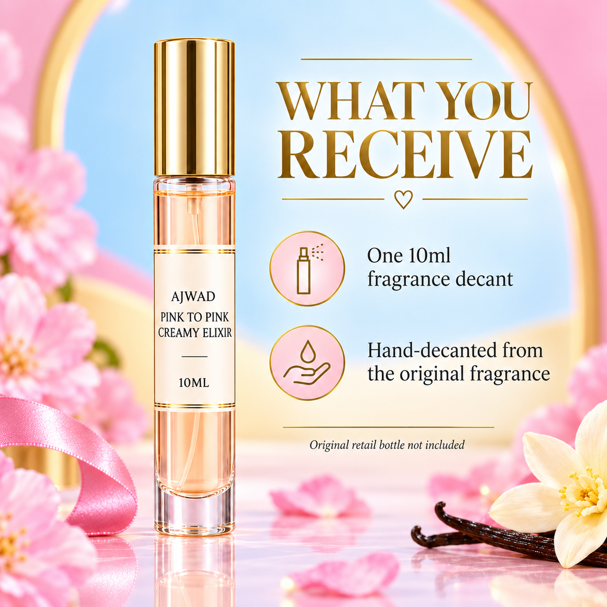 What you receive with the Lattafa Ajwad Pink to Pink Creamy Elixir 10ml decant