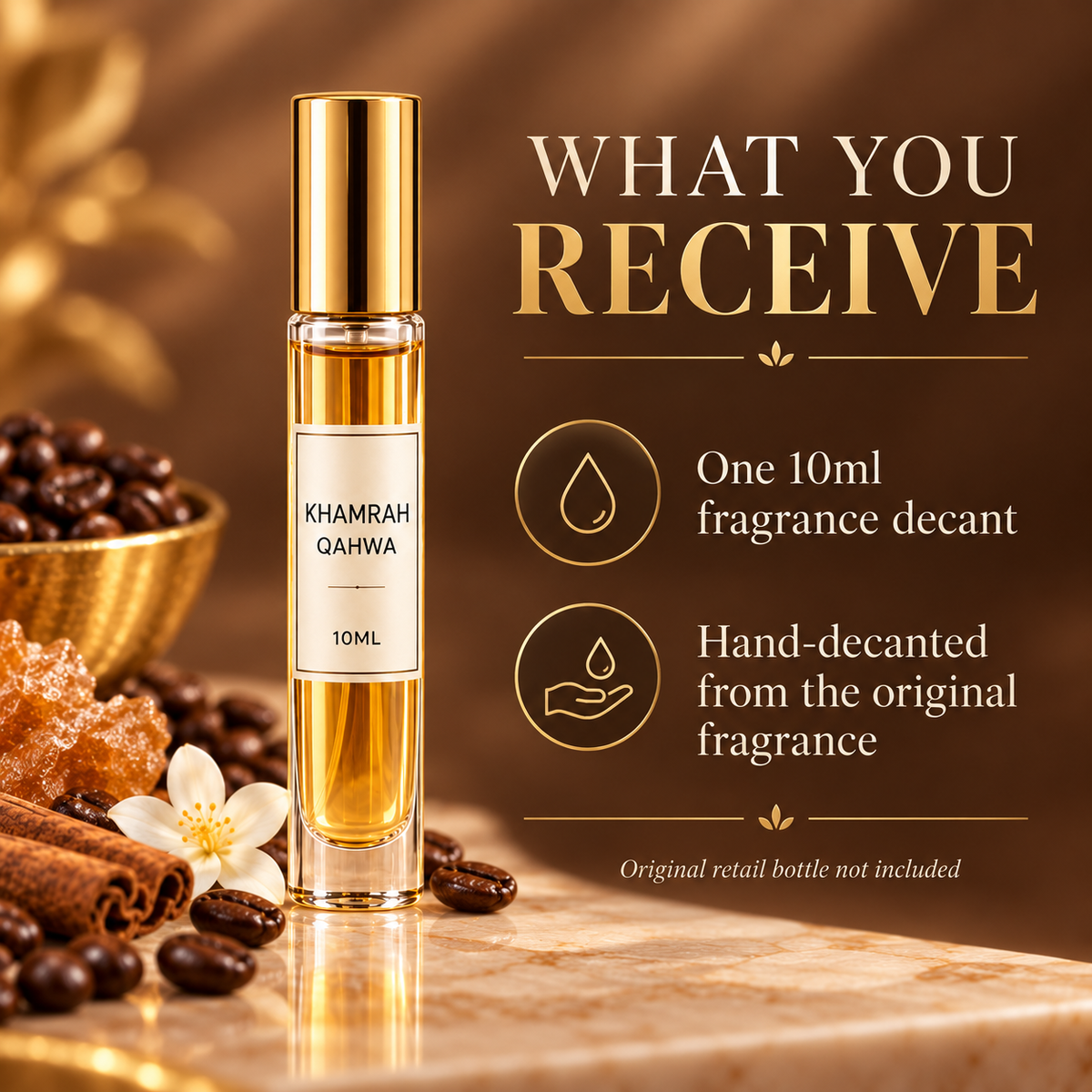 What you receive with the Lattafa Khamrah Qahwa 10ml decant