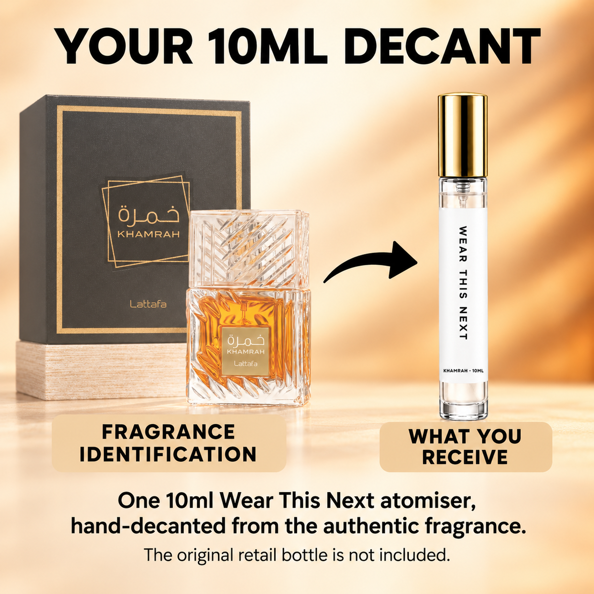 What you receive with the Lattafa Khamrah 10ml decant