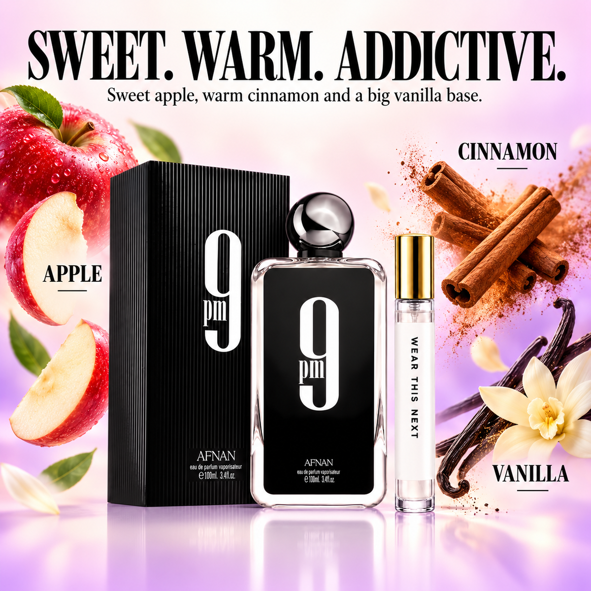 Afnan 9PM scent profile: apple, cinnamon and vanilla