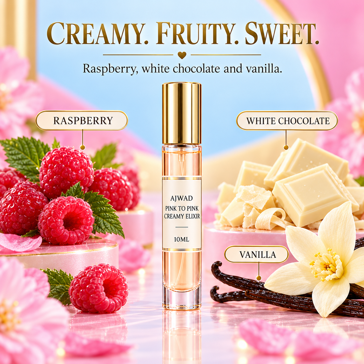Lattafa Ajwad Pink to Pink Creamy Elixir scent profile: raspberry, white chocolate and vanilla