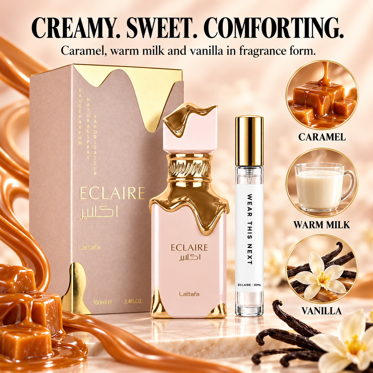 Lattafa Eclaire scent profile: caramel, warm milk and vanilla