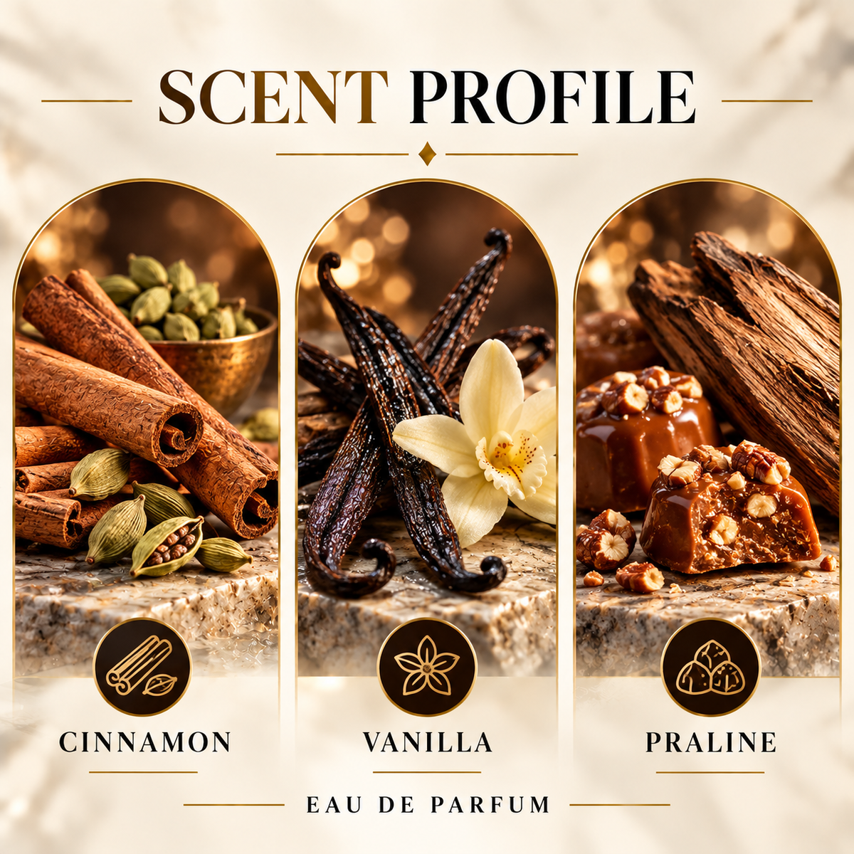French Avenue Liquid Brun scent profile with cinnamon, vanilla and praline