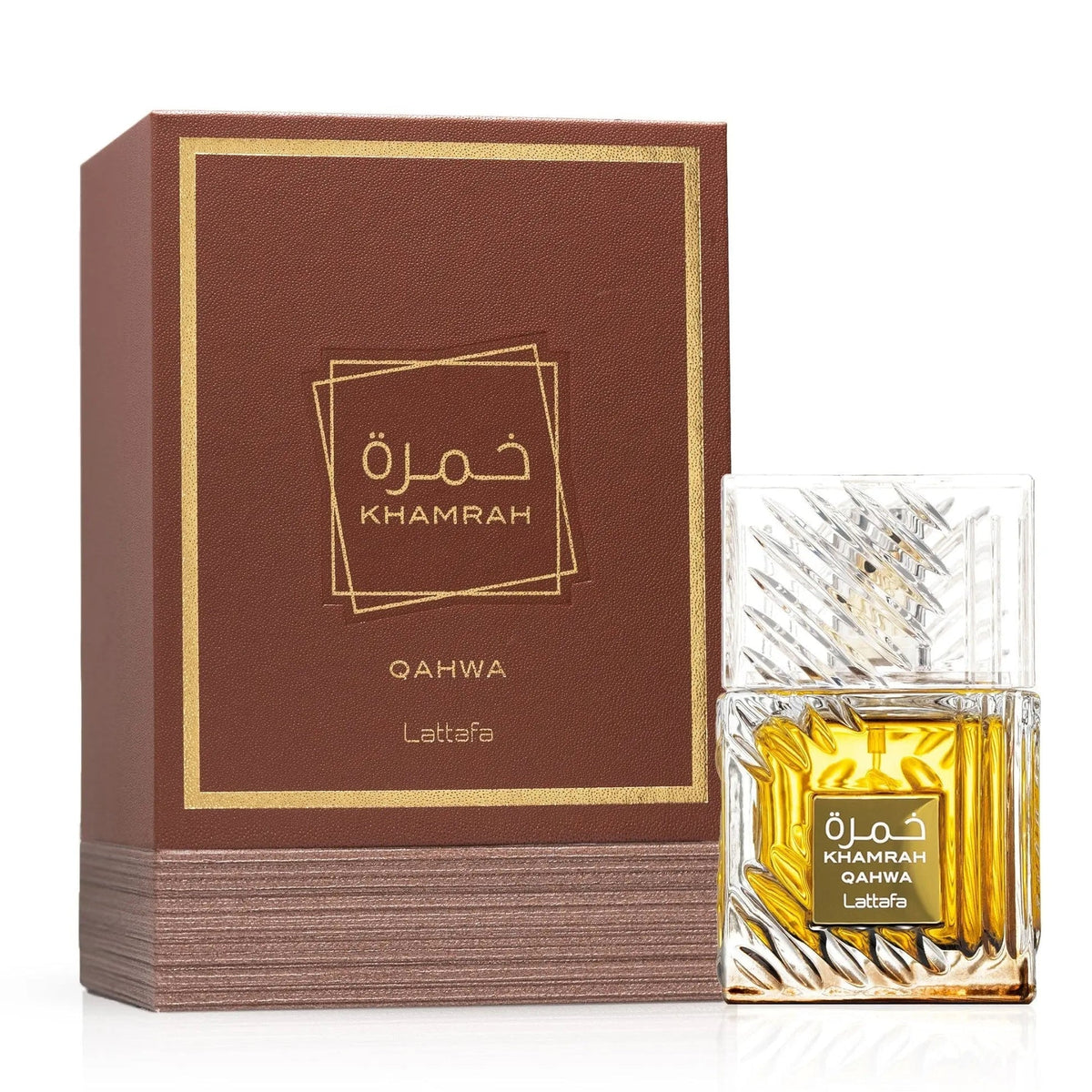 Original Lattafa Khamrah Qahwa retail perfume bottle and box