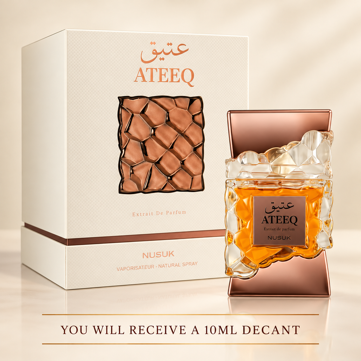 Nusuk Ateeq retail bottle and box with 10ml decant disclosure