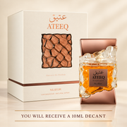 Nusuk Ateeq retail bottle and box with 10ml decant disclosure