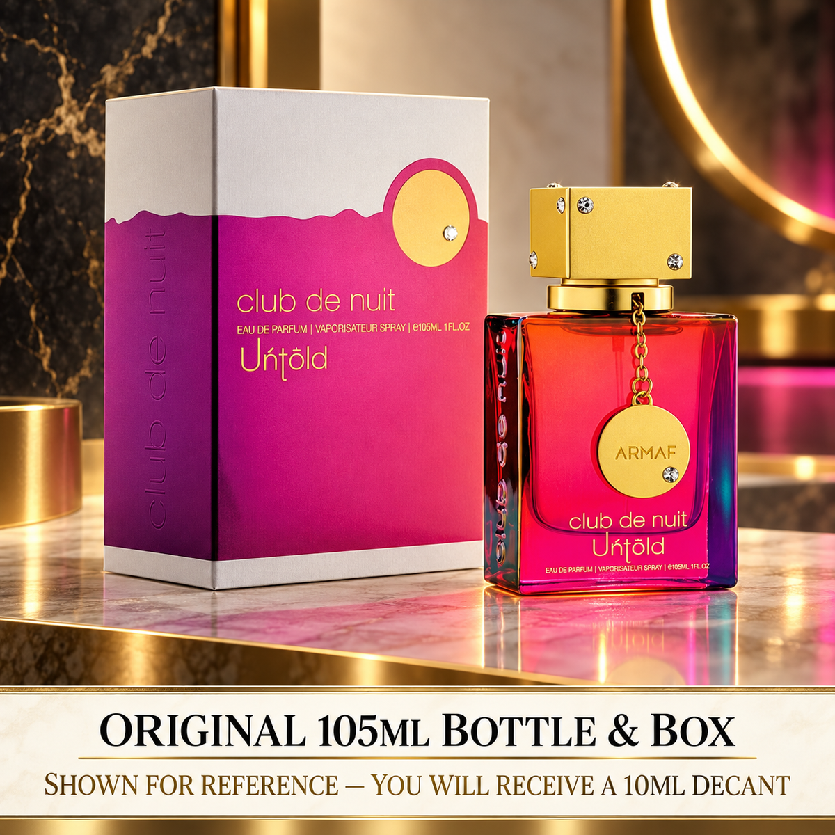 Original Armaf Club de Nuit Untold 105ml bottle and box shown for reference