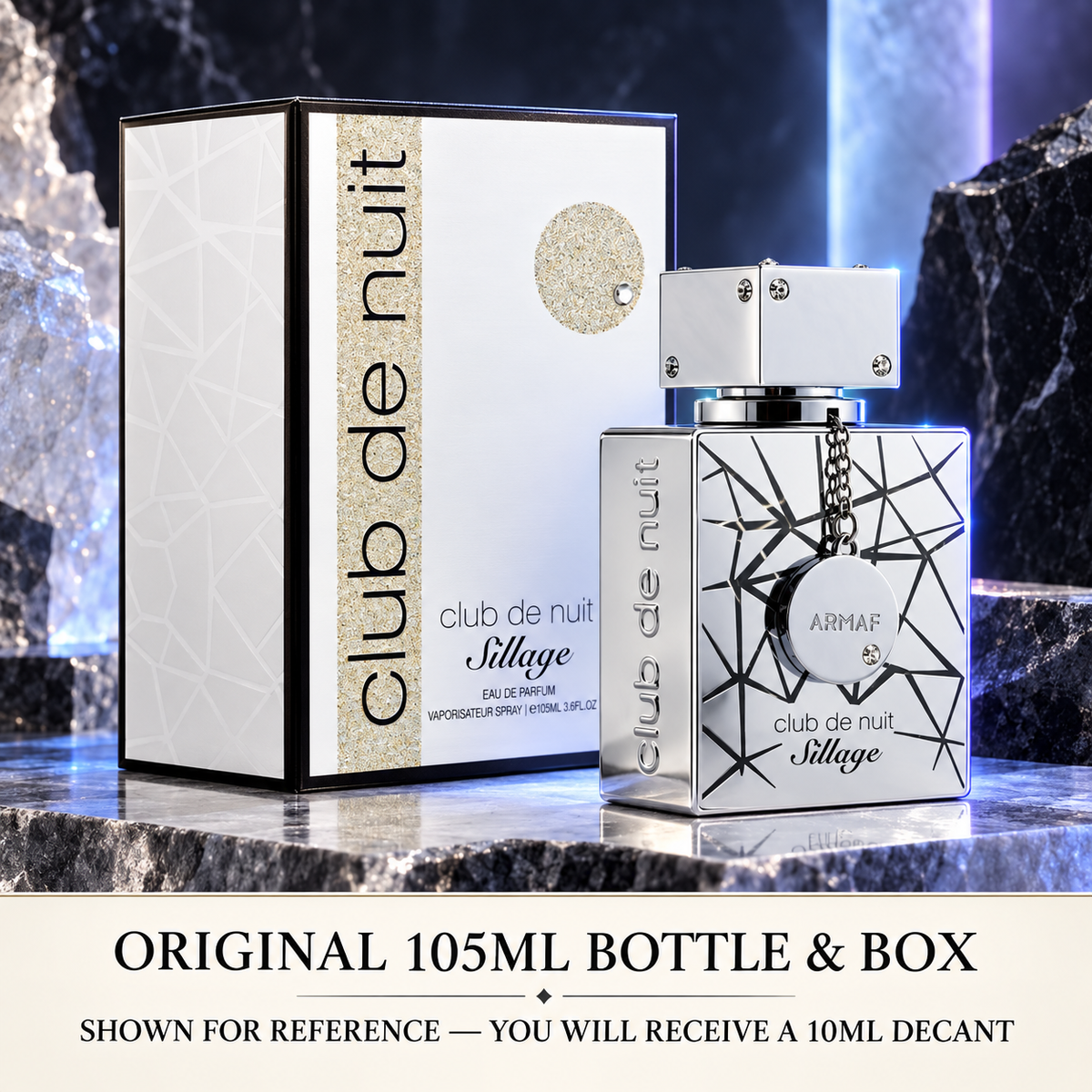 Original Armaf Club de Nuit Sillage 105ml bottle and box shown for reference