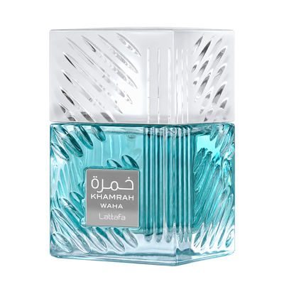 Lattafa Khamrah Waha perfume bottle on a transparent background