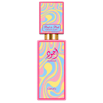 Lattafa Ajwad Pink to Pink Creamy Elixir bottle on a transparent background