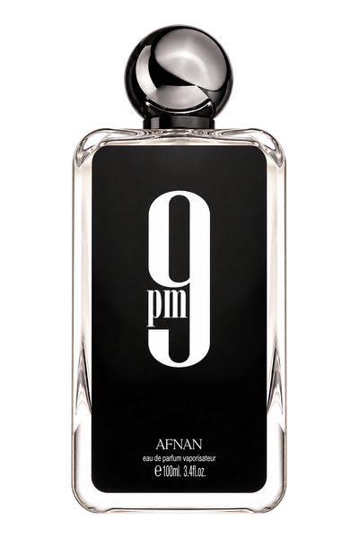 Afnan 9PM perfume bottle on a transparent background