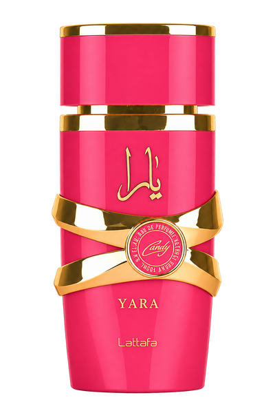 Lattafa Yara Candy perfume bottle on a transparent background